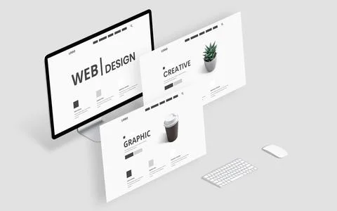 Web site flying layouts concept. Web design creative graphic studio desk Stock Photos