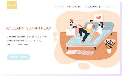 Web site with learn guitar playing. Couple playing musical instrument. People Illustrazione stock