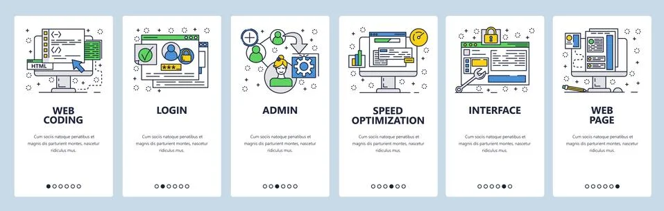 Web site onboarding screens. Coding interface and secure login. Menu vector Illustration