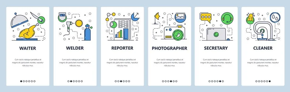 Web site onboarding screens. Different jobs and professions. Menu vector banner Stock Illustration