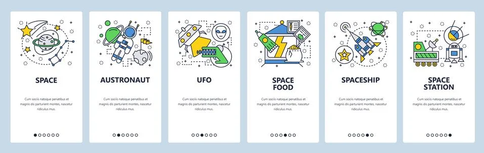 Web site onboarding screens. Outer space, planets, alines, space rocket launch 스톡 일러스트