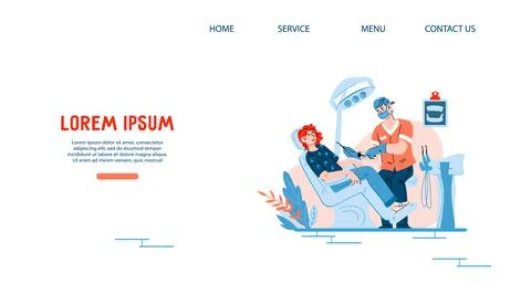 Web site page template with dentist and patient, cartoon vector illustration. Stock Illustration