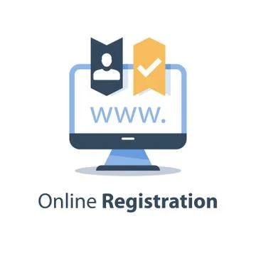 Web site registration, enrollment concept, online resources, computer monitor Illustrazione stock