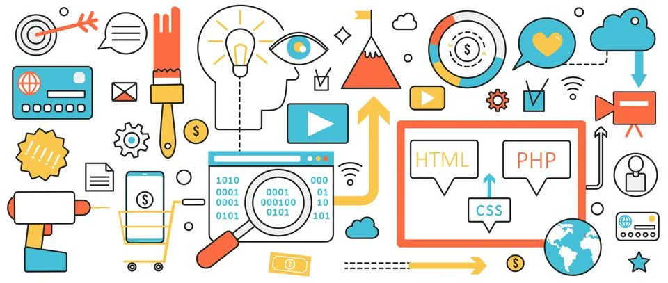 Web site support and maintenance service, website development, technical Stock Illustration