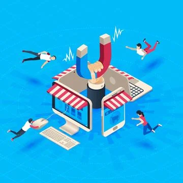 Web store customer attraction. Attract buyers, isometric retain loyal clien.. Stock Illustration