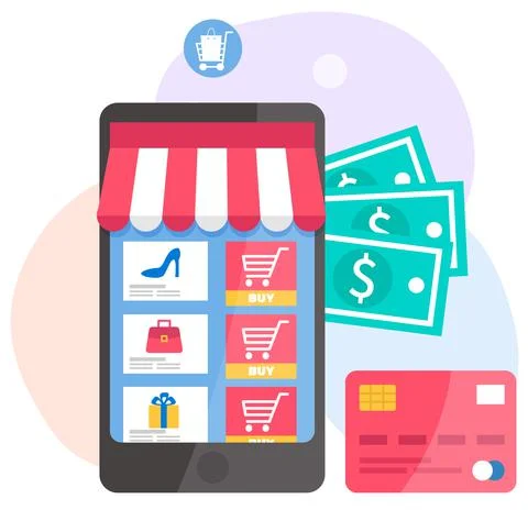Web store layout. Online shopping and buying purchases. Application with a Ilustración de archivo