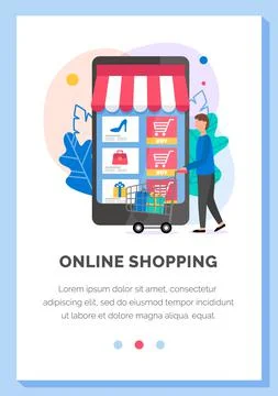 Web store layout. Online shopping and buying purchases. A man chooses goods on Ilustración de archivo