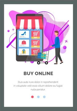 Web store layout. Online shopping and buying purchases. A man chooses goods on 스톡 일러스트
