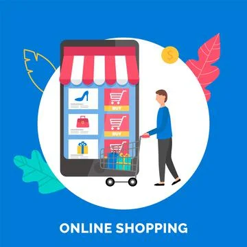 Web store layout. Online shopping and buying purchases. A man chooses goods on 스톡 일러스트
