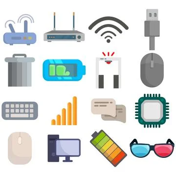 Web technology vector clip art set with 3d glasses, mobile network, computer, Illustrazione stock
