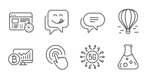 Web timer, Bitcoin chart and Chemistry lab icons set. Yummy smile, 5g technology 库存插图