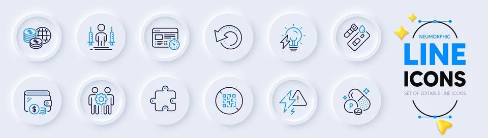 Web timer, Employees teamwork and Electricity bulb line icons for web app 库存插图