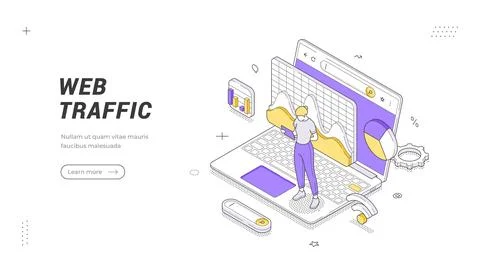 Web Traffic And Seo Analytics Report Isometric Vector Banner Illustration T.. Stock Illustration