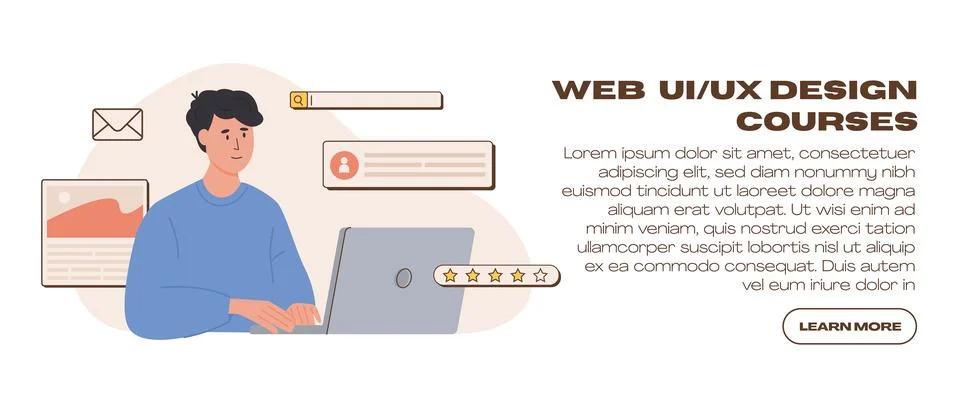 Web UI UX design web banner template. Freelancer at work creating content. Websi Stock Illustration