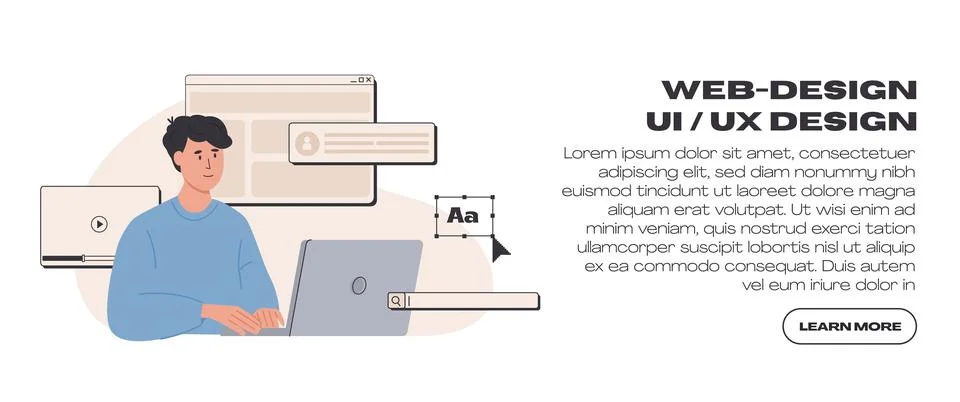Web UI UX design web banner template. Freelancer at work creating content Stock Illustration