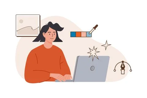 Web UI UX design website development web banner template. Female freelancer at w Stock Illustration