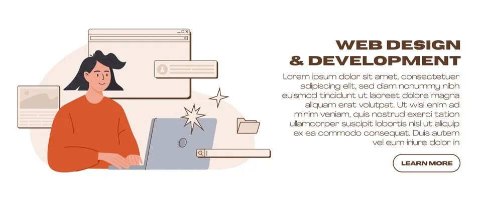 Web UI UX design website development web banner template. Female freelancer at Stock Illustration