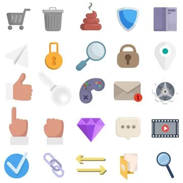 Web vector clip art set with like icon, lock, PC, computer, map pin, gamepad, Stock Illustration