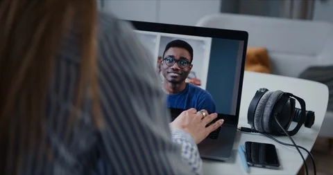 Web video conference call concept. POV happy young smart African man talking to Stock Footage 129118267