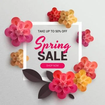Web Wanner with red paper flowers for spring sales. Stock Illustration