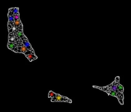 Web Wire Frame Map of Comoros Islands with Colorful Light Spots Illustrazione stock