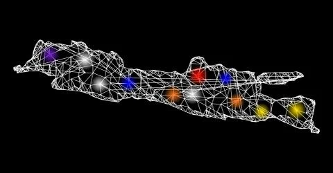 Web Wire Frame Map of Java Island with Bright Light Spots Ilustração Stock