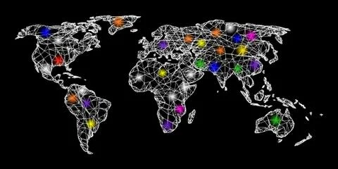 Web Wire Frame Map of World with Colorful Light Spots Stock Illustration