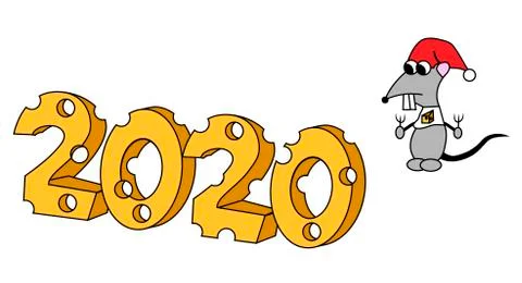 Web2020 in cheese shape with hungry character. Year of the rat . Isolated ill Stock Illustration