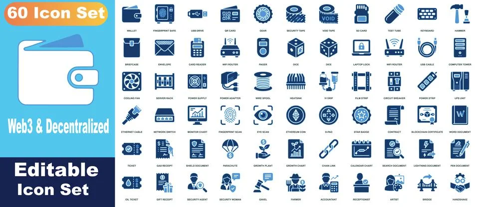 Web3 and decentralized technology icon set, 60 blue gradient symbols includ.. イラスト素材