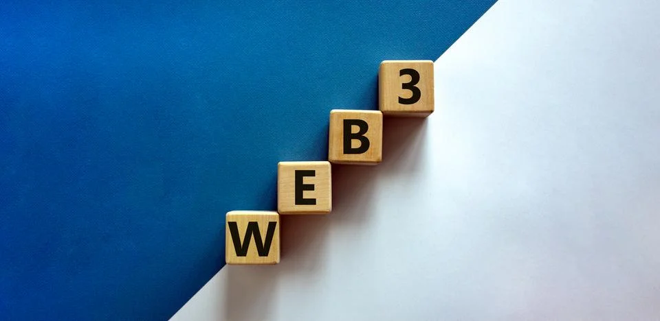 WEB3 or web 3 symbol. Wooden cubes with concept words WEB 3. Beautiful blue a 写真素材