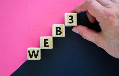 WEB3 or web 3 symbol. Wooden cubes with concept words WEB 3. Beautiful purple Stock-Fotos