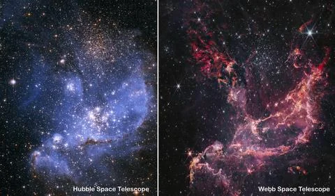 Webb and Hubble space telescopes comparisons visual gains. NGC 346 Stock Photos