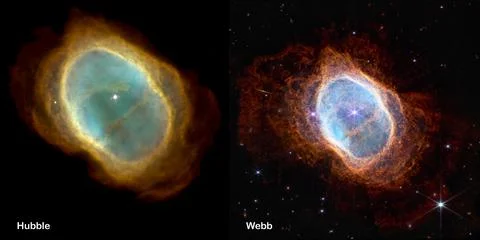 Webb and Hubble telescopes side-by-side comparisons visual gains. Stock Photos