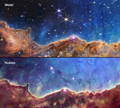 Webb and Hubble telescopes side-by-side comparisons visual gains. Stock Photos