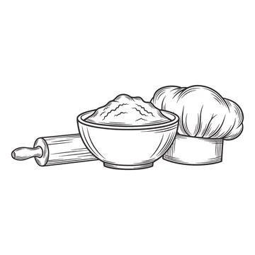 WebBaking Ingredients Chef Hat Rolling Pin Flour Bowl Vintage Line Art Vector Stock Illustration