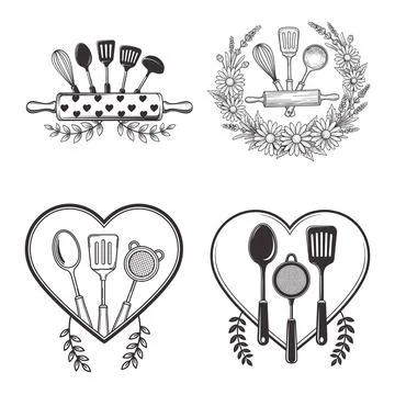 WebBaking Utensils Emblems Set Rolling Pin Spatula Floral Wreath Heart Fram.. Illustrazione stock