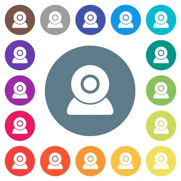 Webcam flat white icons on round color backgrounds Illustrazione stock