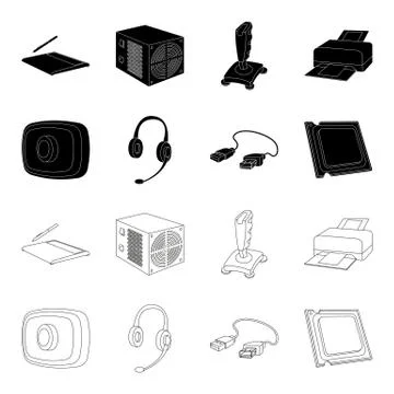 Webcam, headphones, USB cable, processor. Personal computer set collection icons Stock Illustration