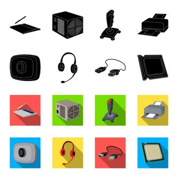 Webcam, headphones, USB cable, processor. Personal computer set collection icons Stock Illustration