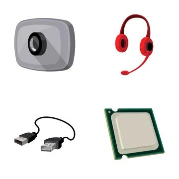 Webcam, headphones, USB cable, processor. Personal computer set collection icons 스톡 일러스트