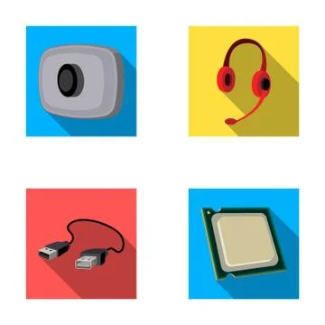 Webcam, headphones, USB cable, processor. Personal computer set collection icons Stock Illustration