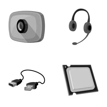 Webcam, headphones, USB cable, processor. Personal computer set collection icons 스톡 일러스트