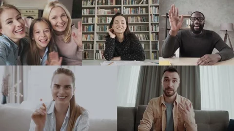 Webcam screen view, multi racial young and older involved in group online Stock Footage 155505728