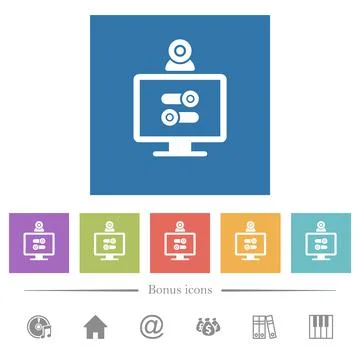 Webcam tweaking flat white icons in square backgrounds Stock Illustration