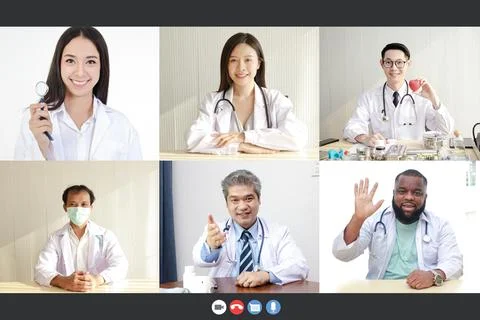 Webcam view on computer screen Portraits Various medical professionals Stock-Fotos