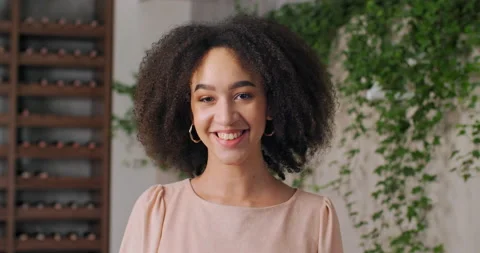 Webcam view young afro american mixed race woman teenager girl with stylish Stock Footage 145412322