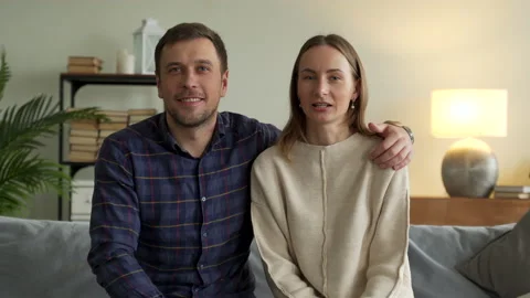 Webcam view young couple vloggers talking to camera streaming recording vlog at Stock Footage 144838348