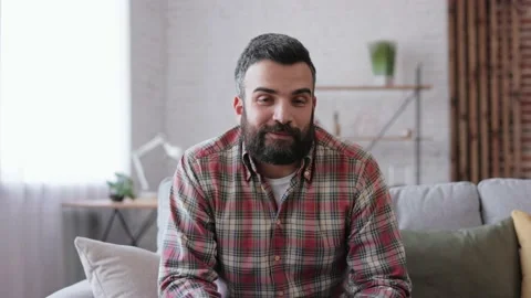 Webcam view.Handsome young man talking to web camera. Communication online with 스톡 동영상 181506401