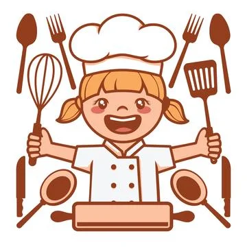 Webchef girl happy with kitchen tools suggest healthy food logo character m.. Stock Illustration
