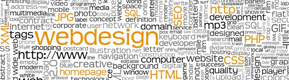 Webdesign Keyword Tag Cloud Panorama - Word Cloud - Vector Background Banner 스톡 일러스트